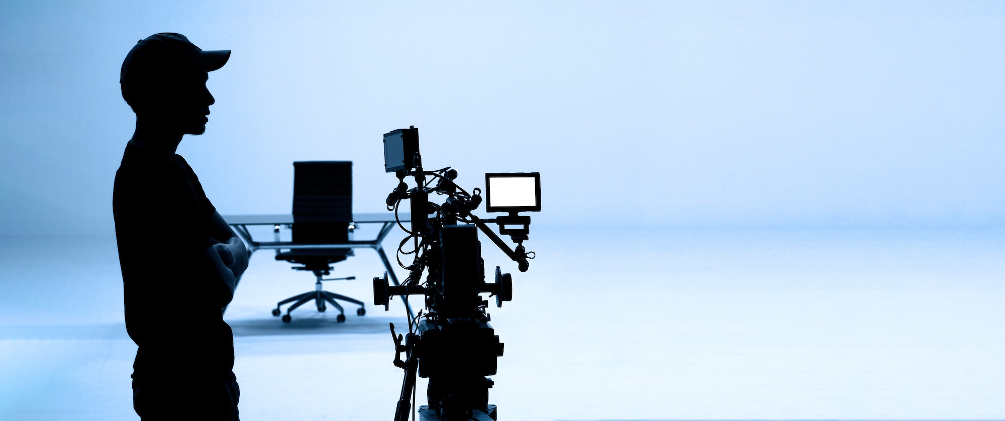 Video production behind the scenes. Making of TV commercial movie that film crew team lightman and c